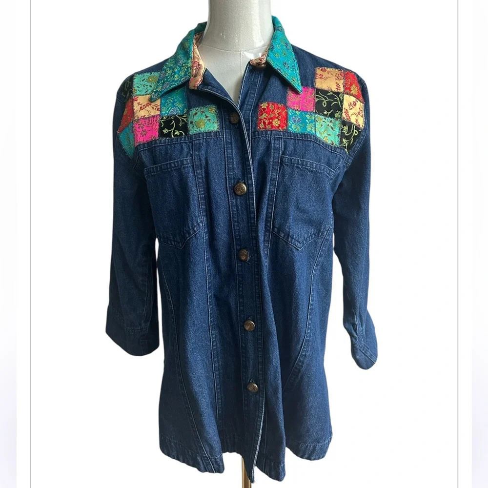 Vintage Womens‎ Floral Patchwork Quirky Maximalist Button Up Denim Shirt L Artsy